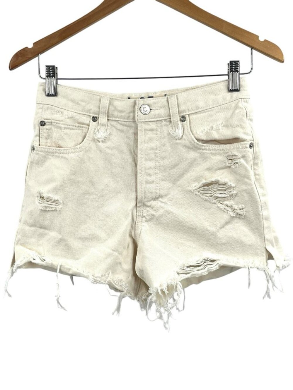 FREE PEOPLE Women's Off White Raw Hem Distressed Button Fly High Rise Shorts 25